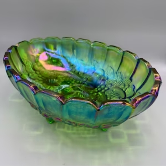 carnival glass Dining Vintage Avocado Green Carnival Glass Oval